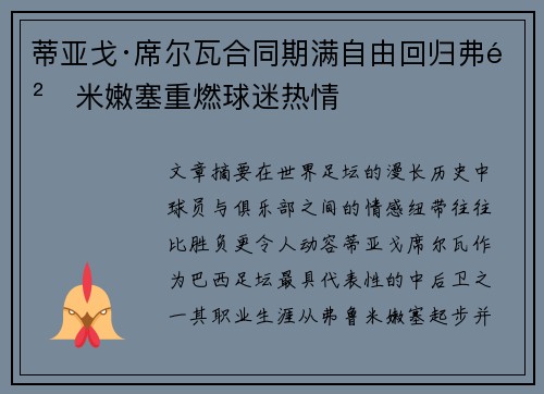 蒂亚戈·席尔瓦合同期满自由回归弗鲁米嫩塞重燃球迷热情